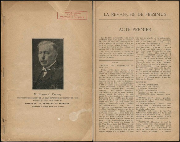 Two-page image, side by side: on the left is the cover with a black-and-white photograph of the playwright, and on the right is the first page of the first act.