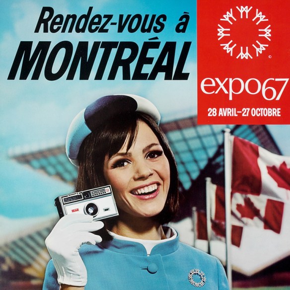 Colour poster promoting Expo 67 with a photo of a young woman with a camera with a row of Canadian flags and a futuristic building in the background.
