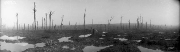 A black-and-white photograph of a bombed landscape. The ground is muddy with water-filled craters and a burned out forest.
