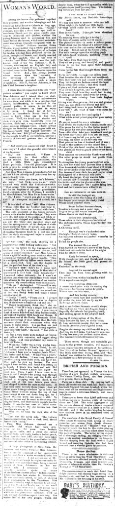 A black-and-white newspaper column describing Pauline Johnson’s family, her work and her role in the unveiling of the Brant memorial.