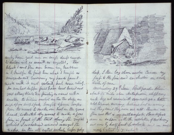 Two pages from a journal. The first page shows a sketch of a campsite in a river valley with woods and mountains in the background with some handwritten text underneath. On the second page is a sketch of a tent with someone sitting in front of it, tending a fire.