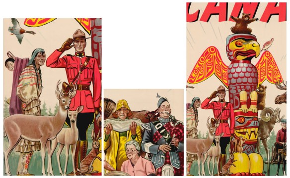Three detailed images from the poster. One has a uniformed Mountie, and a First Nations woman wearing a blue-and-red striped dress carrying a baby on her back with deer and a rabbit in the foreground. The second has a fisherman in yellow rain gear holding a large fish and a man in a blue dress coat playing the bag pipes with a white haired woman seated between them. The third has a colourful totem pole shaped like an eagle with its wings spread on top surrounded by wildlife. 