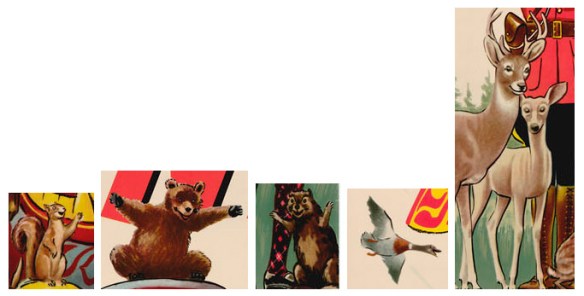 Details of a small brown squirrel; a crouching brown bear with his front paws spread out; a small brown beaver with his front paws spread out; a flying duck; and two brown deer, a stag and a doe.