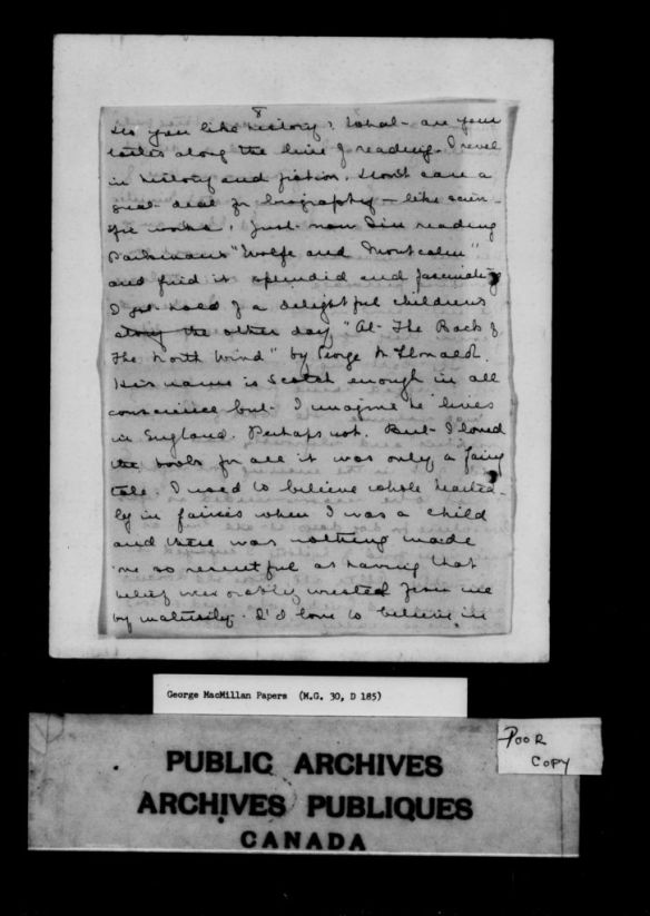 A black-and-white page of a letter from Lucy Maude Montgomery to George Boyd Macmillan. Discusses her love of historical books and recalls her love of fairies as a child.