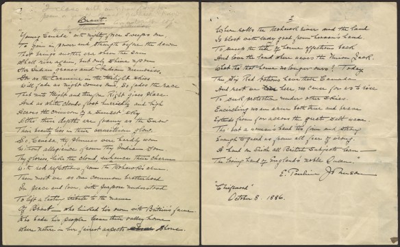 Two pages of a handwritten poem signed and dated by the author, Pauline Johnson.