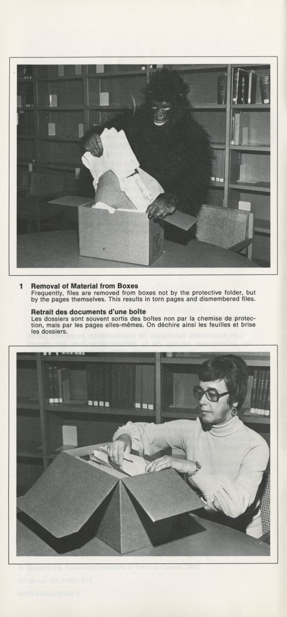 A black-and-white photograph displaying the improper and proper ways to remove archival material from a box. The improper manner shows a person dressed as a gorilla forcibly pulling the documents out. The proper manner depicts a female researcher carefully removing the documents.