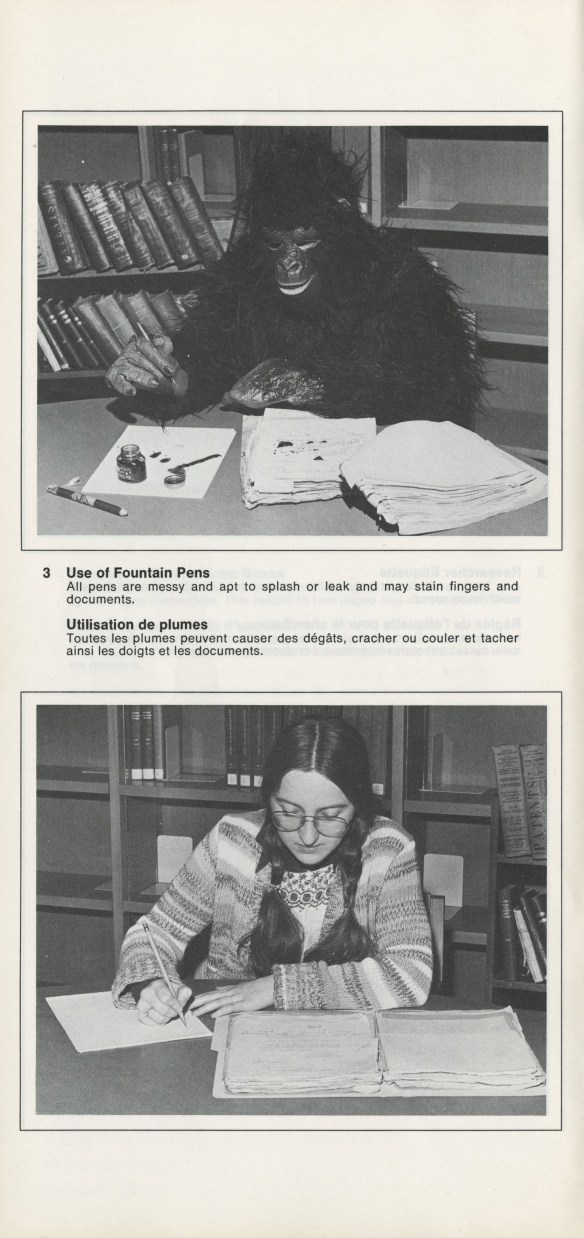 A black-and-white photograph displaying the improper and proper ways to handle archival documents. The improper manner shows a person dressed as a gorilla leaving fingerprints on documents after handling them without wearing white cotton gloves. The proper manner depicts a female researcher wearing white cotton gloves to handle the documents.