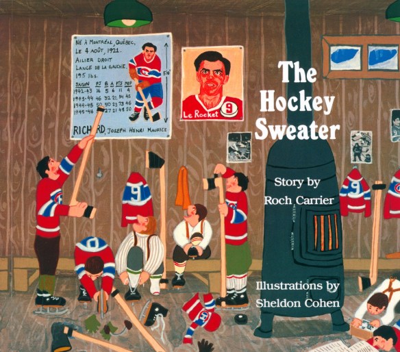 A colour image of a book cover showing boys dressed like Maurice Richard getting ready for a hockey game