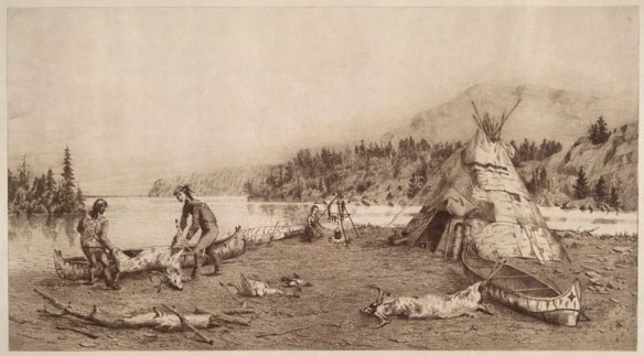 Etching of two men on a beach putting a dead deer in a canoe. Another canoe and a wigwam can be seen at the side in front of trees with a mountain across the river. 