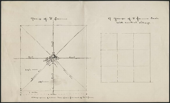 Page with two grids drawn in black ink separated into squares or triangles to represent farms. 