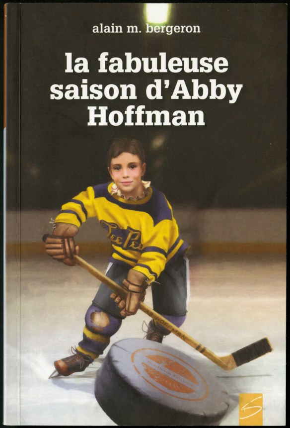 A book cover showing a child playing hockey wearing a yellow-and-black uniform and chasing a hockey puck.