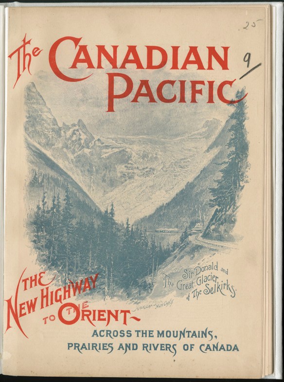 Image of mountain range with a small train leaving a train station, set between the title of the pamphlet at the top and bottom of the page. 