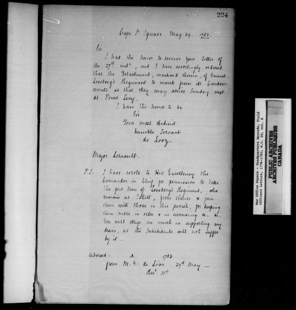 An image of handwritten orders and response for the Lossberg Regiment.