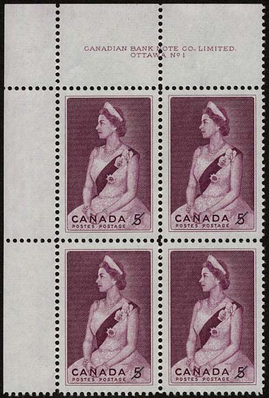 A block of four stamps depicting Queen Elizabeth II seated for an official portrait. Dressed in formal attire, she is wearing a crown and has a sash draped diagonally across one shoulder, clasped at the waist and adorned with jeweled pins.