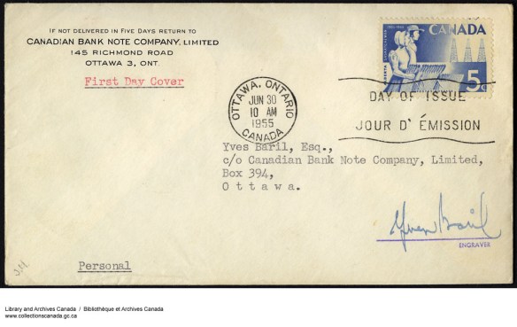 An envelope from the Canadian Bank Note Company, Limited, sent to Yves Baril, Esq., c/o Canadian Bank Note Company, Limited, marked as First Day Cover, stamped with Day of Issue/Jour d’Émission, and signed by the engraver, Yves Baril.
