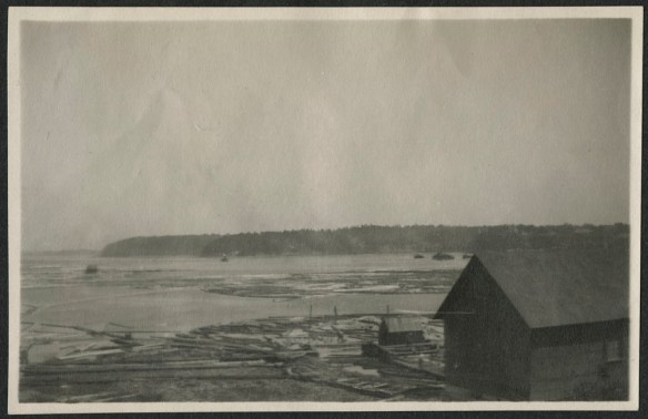 A black-and-white photograph of the Gilmour and Hughson mill on the river. The mill is in the foreground with timber floating on the river and along the bank. 
