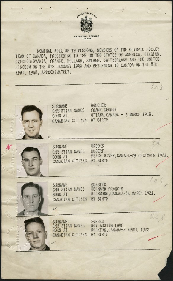 An image of Page 2 of the collective passport for Canada’s 1948 Olympic Hockey Team, issued by the Department of External Affairs. This page displays the photographs of, and information about (names, place of birth, date of birth, citizenship), Frank George Boucher, Hubert Brooks, Bernard Francis Dunster and Roy Austin Lowe Forbes. 