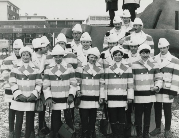 A black-and-white photograph of a group shot of the Canadian ski team at the Winter Olympics.