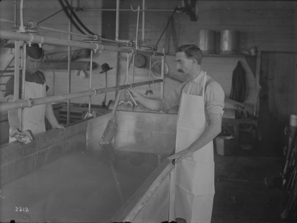 A black-and-white photograph of two men checking the temperature of milk at a cheese factory. 