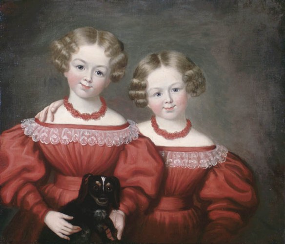An oil painting of two young girls dressed in identical red dresses with lace around the neckline and red necklaces. One of them holds a small dog.