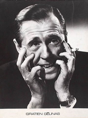 Black-and-white photo of Gratien Gélinas, with his head in his hands, holding a cigarette.