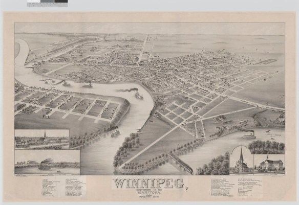 A black-and-white map of Winnipeg, Manitoba, from a bird’s-eye perspective. The Red River is central, showing steamboats navigating it and settlements and main roads established along its banks. 