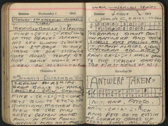 A handwritten diary with boxes on each date that includes the scores of the World Series games.