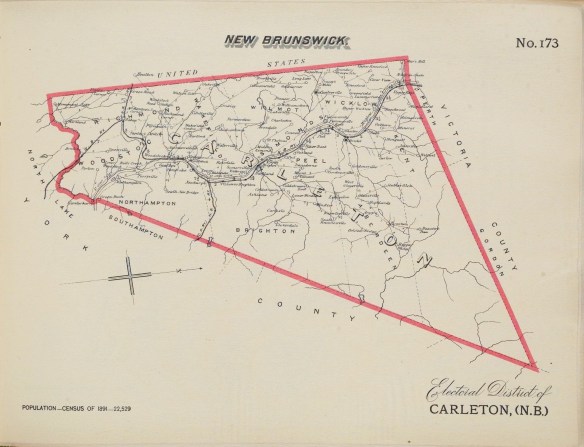 A black-and-white map of the Electoral District of Carleton, New Brunswick, with boundaries indicated in a thick red line.