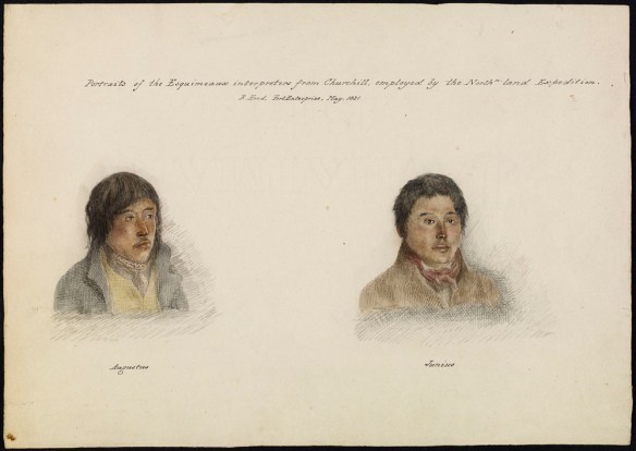 Watercolour portraits of two young Inuit men wearing western-style clothing. One is captioned Augustus and the other, Junius.