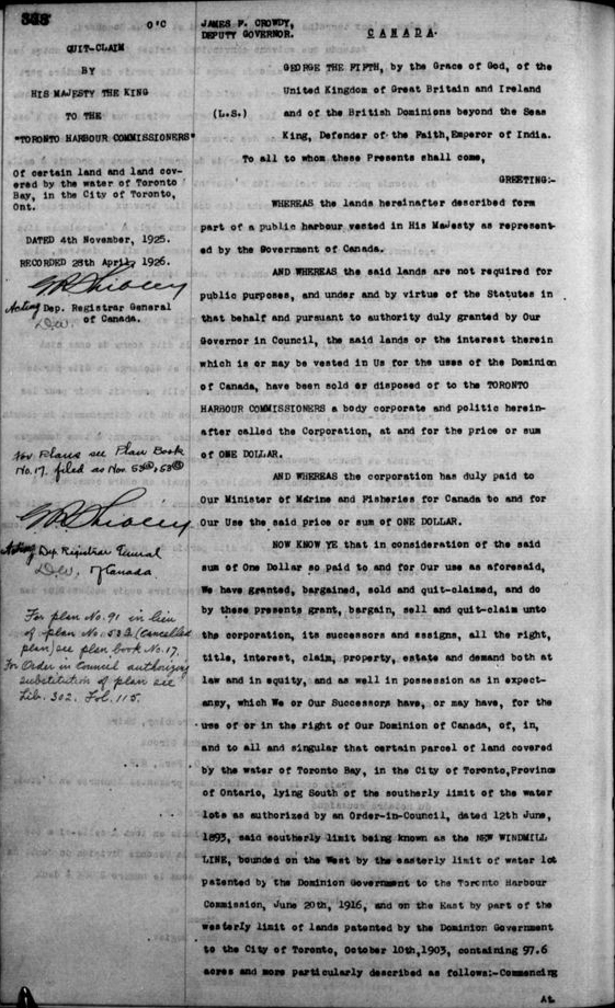 A black-and-white typed document dated November 4, 1925, and recorded by the Registrar of Canada on April 28, 1926, in which His Majesty the King cedes the land around the Toronto waterfront to the Toronto Harbour Commissioners.
