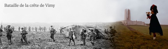 A banner that changes from a black-and-white photograph of a battle scene on the left to a colour photograph of the Vimy Memorial on the right.