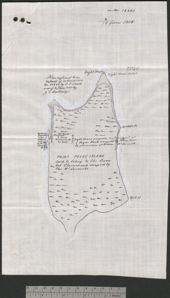 A black-and-white map of Point Pelee Island, Ontario. 