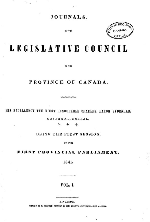 The cover page of the Journals of the Legislative Council of the Province of Canada.