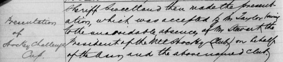 A handwritten note explaining who presented the Hockey Challenge Cup, and who accepted it and why.