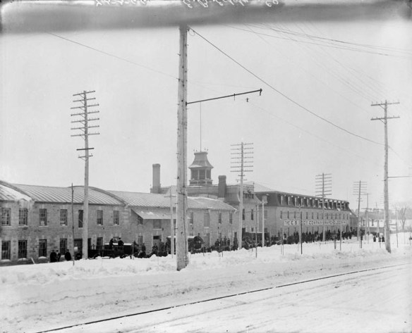 A black-and-white photograph of the E.B. Eddy Company buildings in downtown Hull, Quebec.