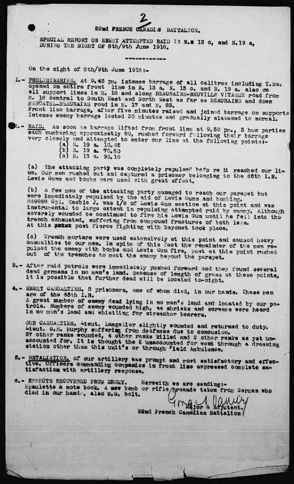 A typed report describing the events of the “night of June 8th/9th 1918”.