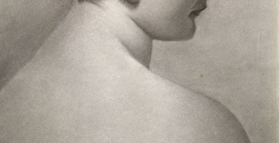 A vignette of the Emily Carr portrait showing the drawing’s classical lines of the shoulders and chin.
