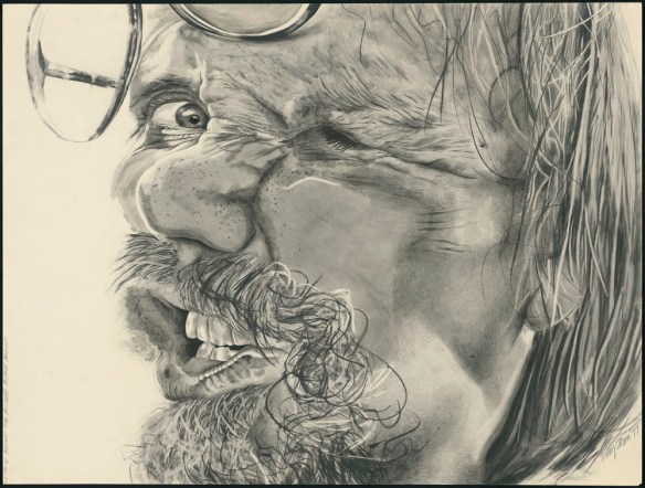A pencil drawing of a man’s face squished up against a piece of glass. Most of the left side of his face is indistinguishable, but his right eye is keenly focused.