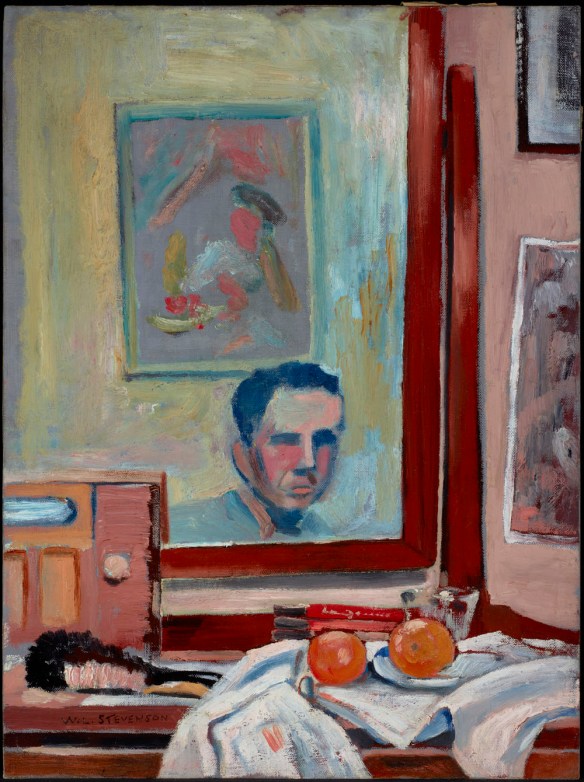 A painting of a mirror and a still-life arrangement on a dressing table with several books, a brush, a radio, and two oranges on a plate on top of a newspaper. The mirror’s reflection shows the artist and another painting. 