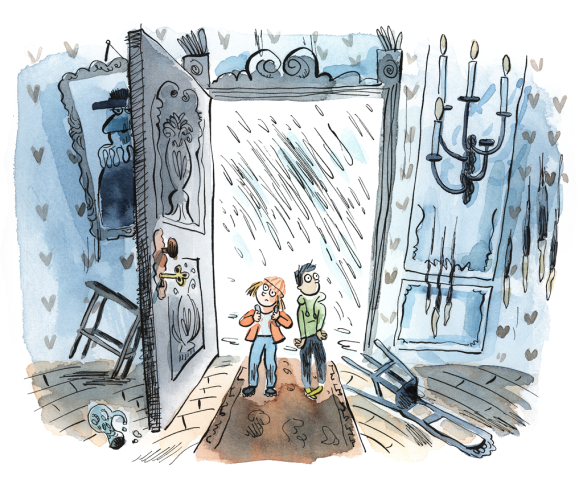 A watercolour illustration of two children escaping the rain by entering an old, spooky abandoned house.