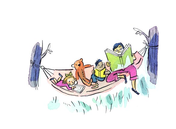 A colour illustration of three children reading in a hammock.