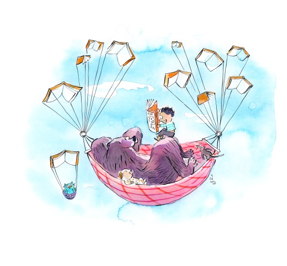 A watercolour illustration of a bear and two children lying down in a hammock that is being lifted into a blue sky by open books. The older child is reading a story while the baby listens attentively.