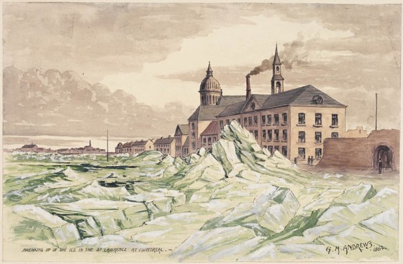 A watercolour of a huge ice buildup along the port shoreline of a city.
