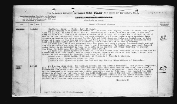 A black-and-white image of a textual document summarizing the activities of the 7th Canadian Infantry Battalion on September 2, 1918.