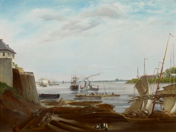 An oil painting of a harbour and waterfront, with a green island visible on the right. 
