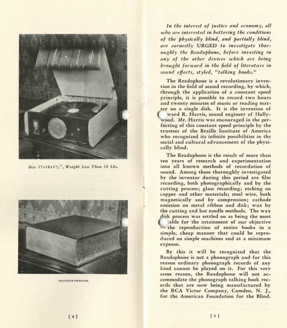 An open pamphlet with the left page showing two images and the right page having typewritten text. The image at the top shows an opened square box containing a turntable, with knobs on the front of the box for operating it. The image at the bottom shows the turntable with its cover on, which looks like a large book.