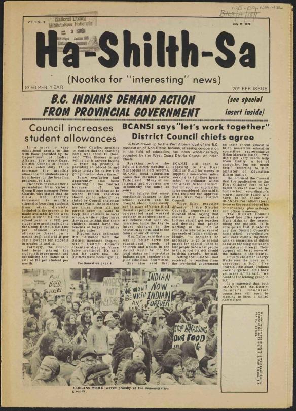 A yellowed newspaper titled Ha-Shilth-Sa and the byline (Nootka for “interesting” news) The headline reads: B.C. Indians demand action from provincial government. 