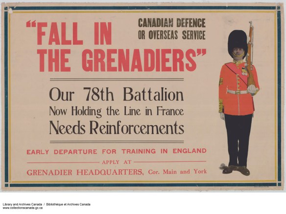A colour poster with “Fall in the Grenadiers” in large red text, with varying other black and red text. On the right, a uniformed soldier with a tall black hat, a red coat and a rifle slung over his shoulder stands at attention.
