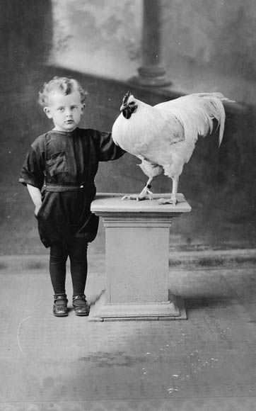 A black-and-white photograph of a small boy. To the boy’s left is a white rooster on top of a pedestal. 