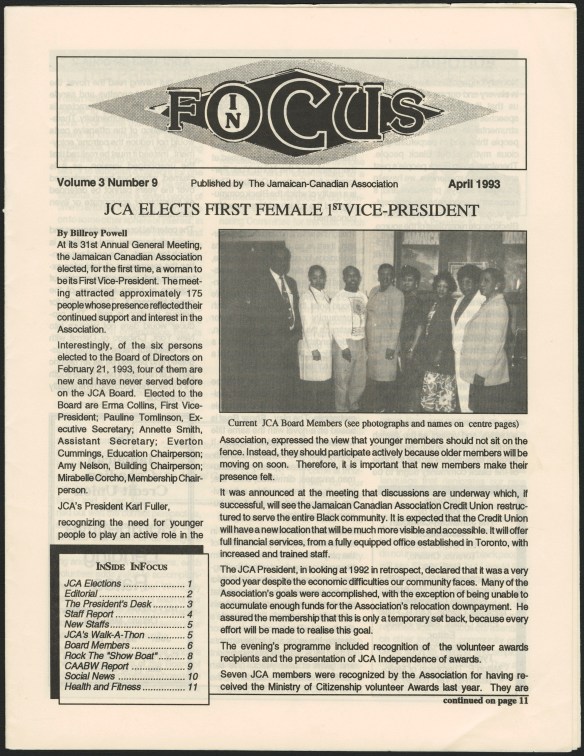 The front page of a printed newsletter. The main headline reads: “JCA elects first female 1st Vice-President.”